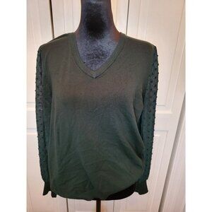 Adrianna Papell Hunter Green Fine Gauge Sweater L Sheer Sleeve  Christmas Party
